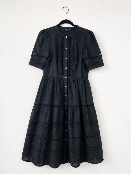 GAP Dresses & Skirts - GAP Black Cotton Lace Trim Tiered Midi Dress Button Front Puff Sleeve Medium